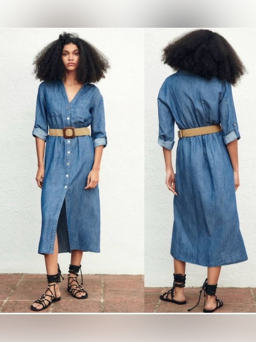 ZARA Woman Belted Shirt Midi Dress Indigo Medium Linen Chambray Coastal New